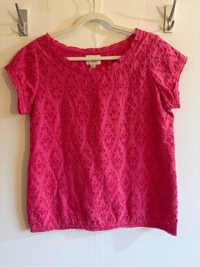 ECI New York Pink Eyelet Cotton Blouse Medium Lined Cap Sleeve Summer Top